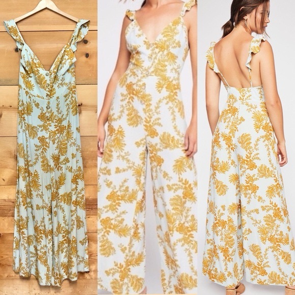 Free People Yellow and Blue Jumpsuit Size 0 - Picture 4 of 5